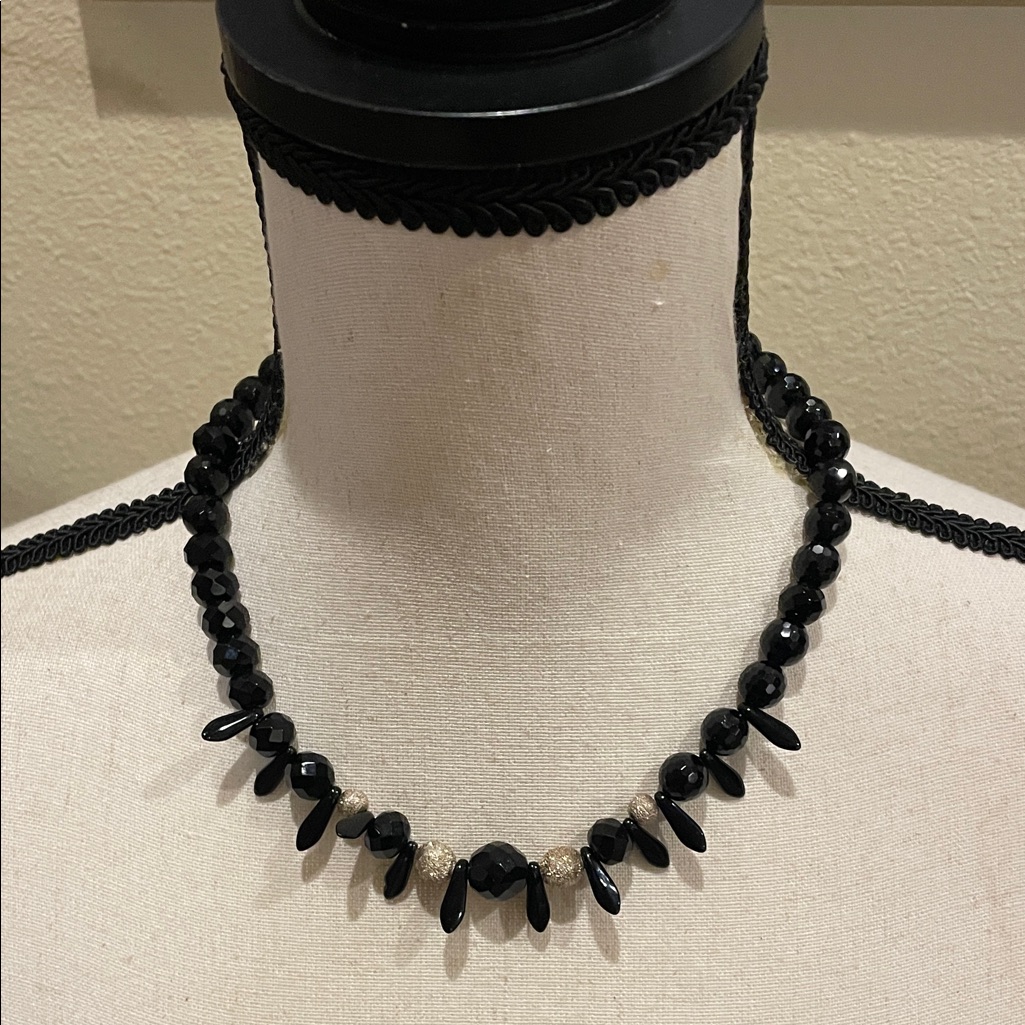 Vintage Black Onyx Bead & Silver Sparkle 925 Silver Choker Necklace